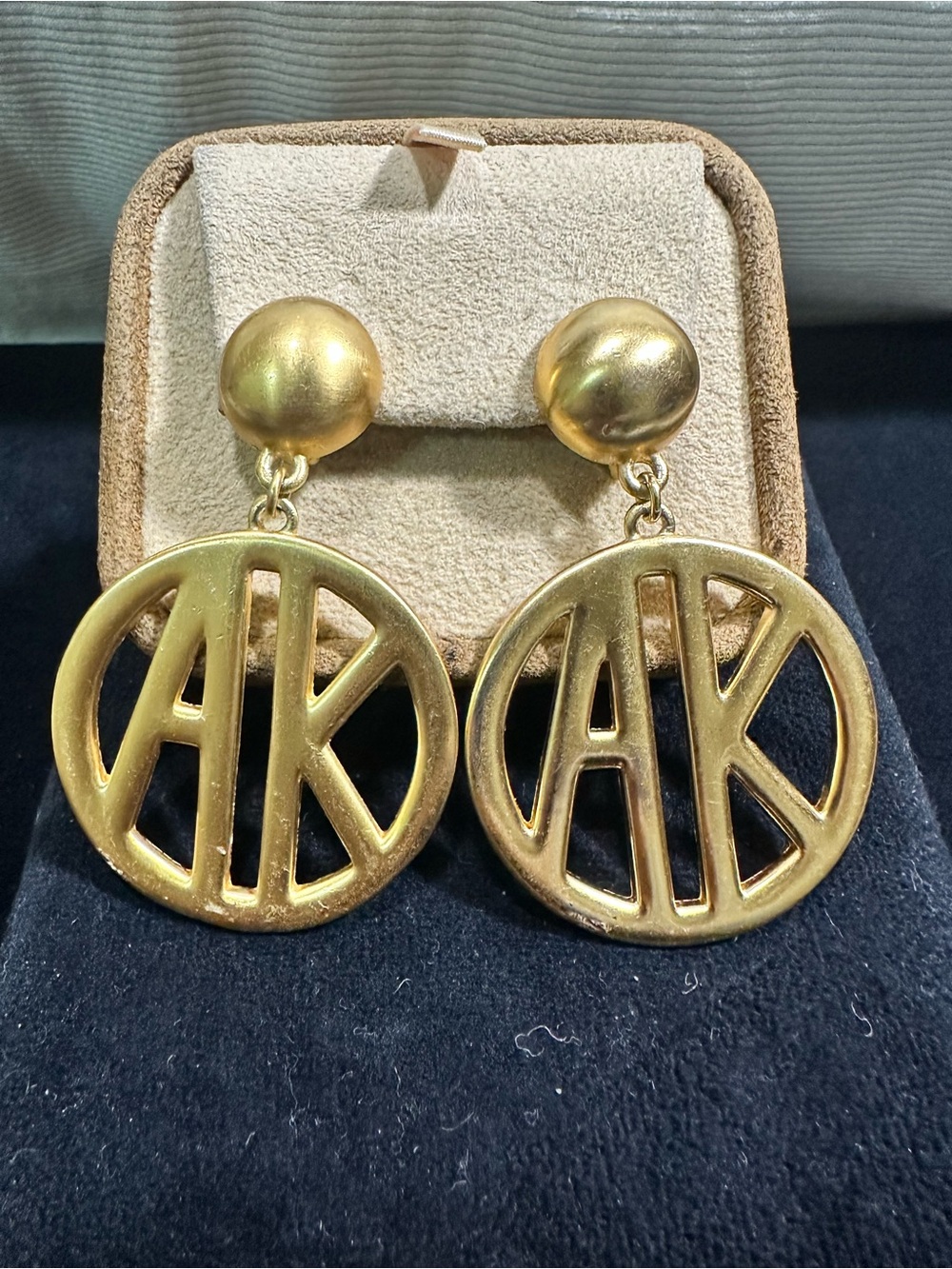 Vtg: Anne Klein Matte Gold Open Cut Logo Oversized Dangle Clip On Earrings